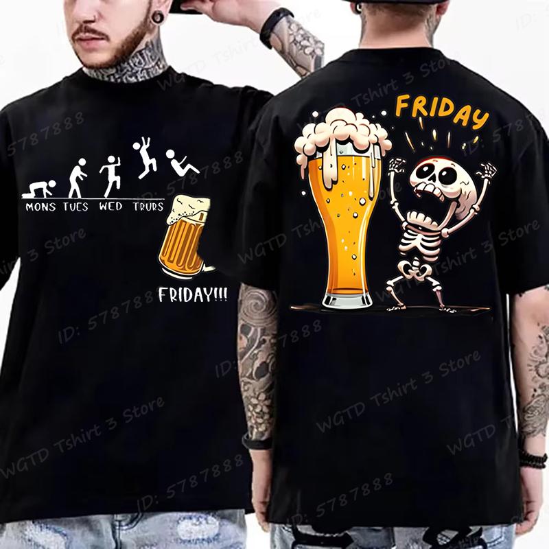 Funny Skeleton Enjoying Friday Beer Day Print TShirt Finally Friday for Drink Lover Tees Gifts Short Sleeve Tops Mens Clothing