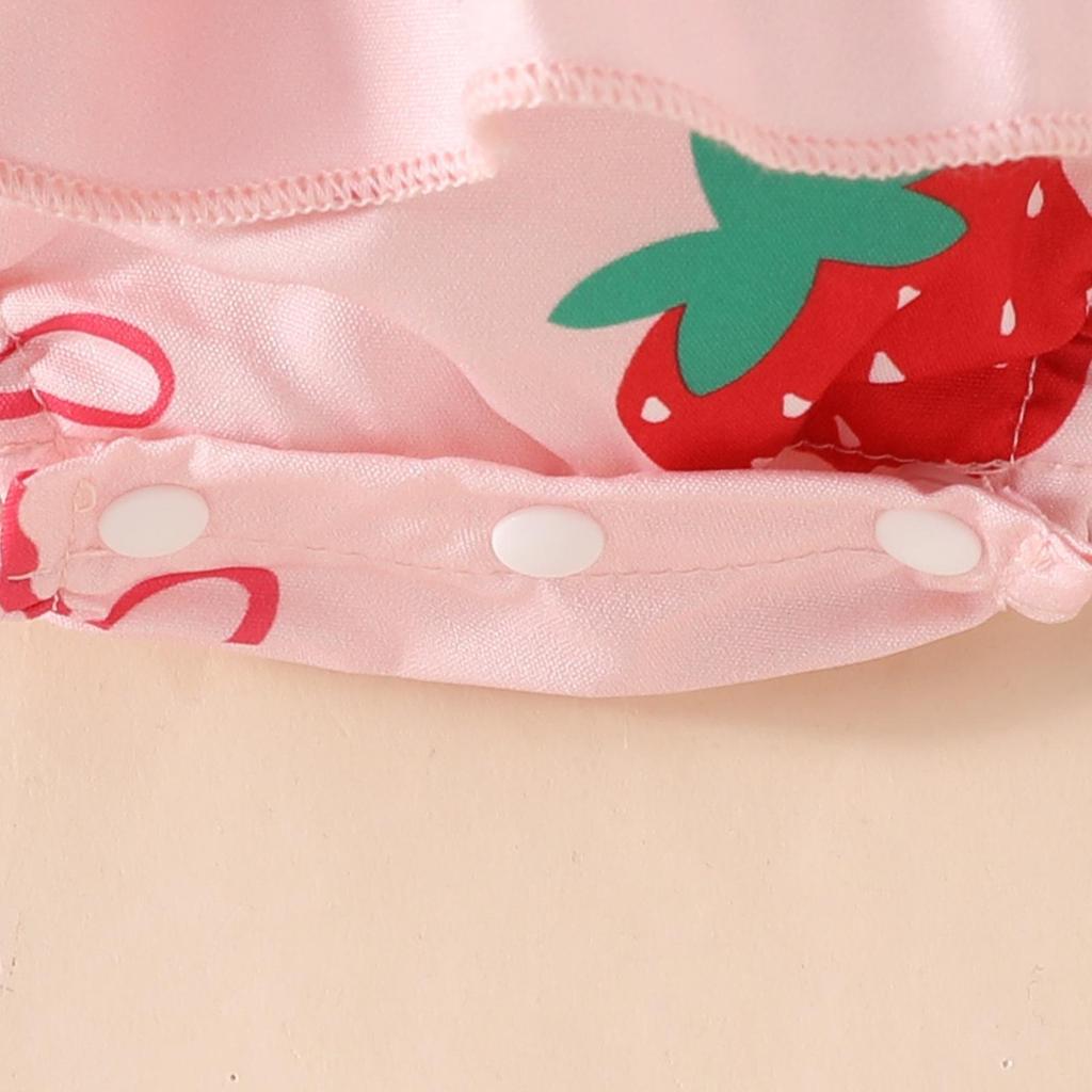 2025 Summer Newborn Ruffle Dress with Lantern Sleeves, Strawberry Butterfly Pattern, and Snap Closure.