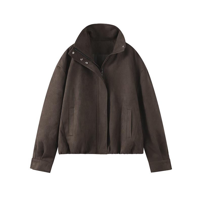 Stand Up Collar Suede Windproof and Warm Brown Jacket Zipper Long Sleeve Women's Jacket Retro Streetwear Autumn and Winter