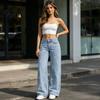 High Elasticity Denim Girl's Bow Cherry Print Baggy Jeans, Wide Leg Mid Waisted Women Jeans Pants, Zipper Fly Elastic Casual Streetwear with Pockets