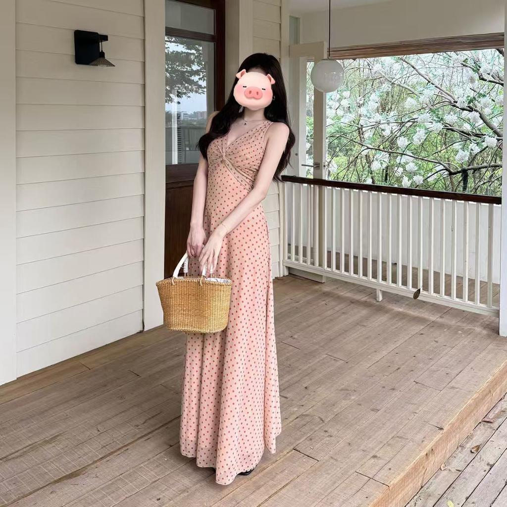 French Retro Blue Polka Dot V-neck Sleeveless Long Dress, Summer Lazy Wind Atmosphere, Island Vacation Wear Long Dress