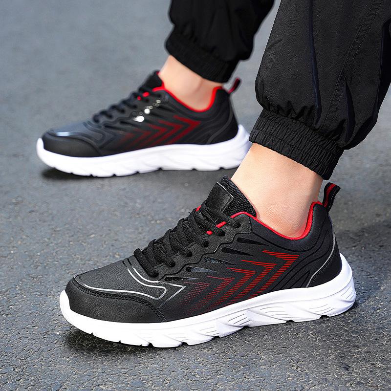New spring black running shoes men's leather sneakers waterproof and non-slip casual travel shoes