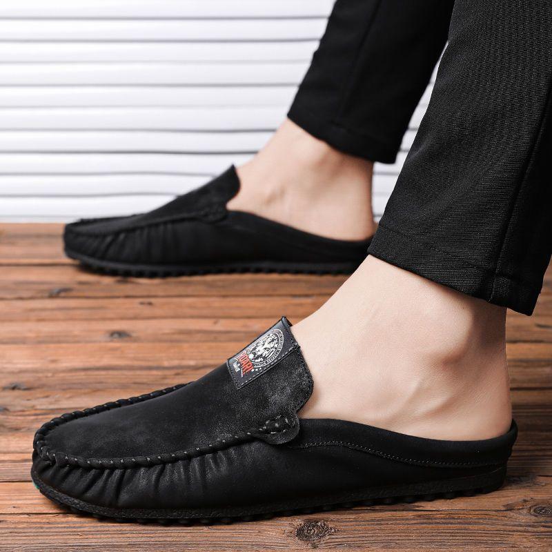 Leather Men's Shoe Male Slipper Mules Outdoor Slides Flat Half Cheap Shoes Liquidation Low Price Trend Summer Sale Fashion