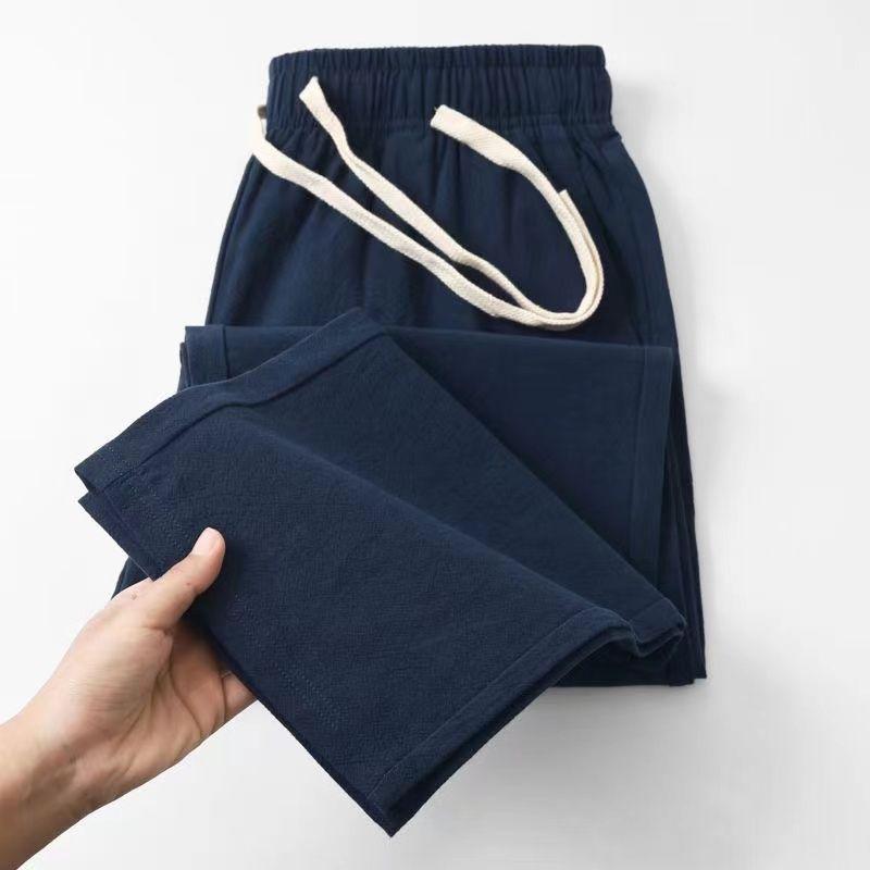 Linen Cotton Breathable Loose-fit Casual Beach Simple Solid Color Drawstring Loose Straight-leg  Trousers