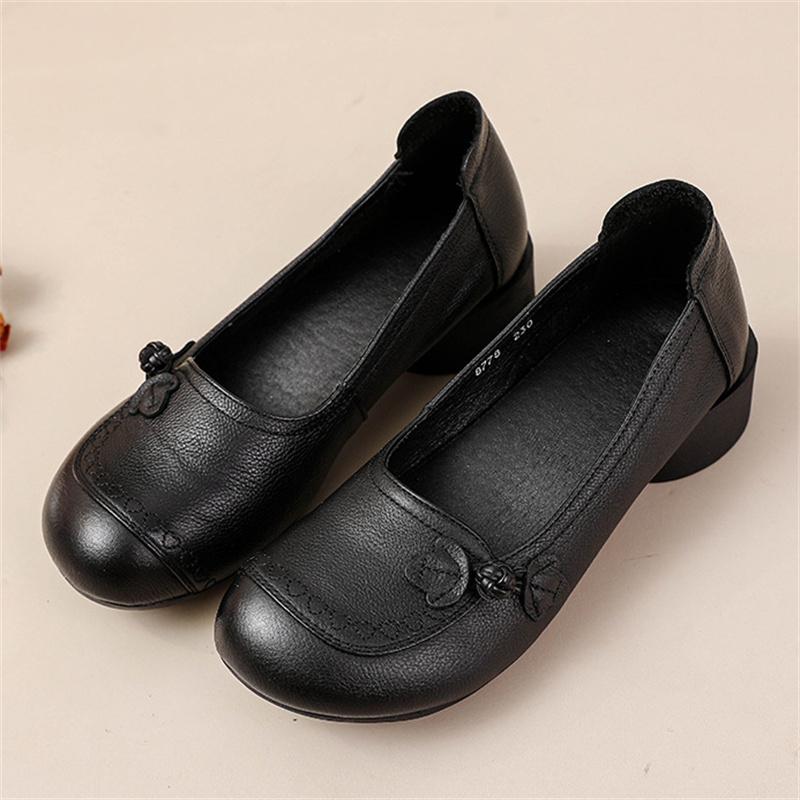Genuine Leather Women's Shoes Low Heeled Retro Cowhide Single Shoes Women Shallow Mouth Loafers Ladies Casual Comfortable Shoes