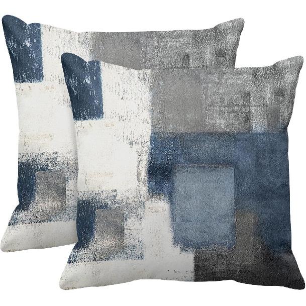 2PC Lumbar Decor Throw Pillow Covers Blue and Grey Cushions Rectangle Design Abstract Art Painting Style Modern Contemporary Home Decorative Cushion