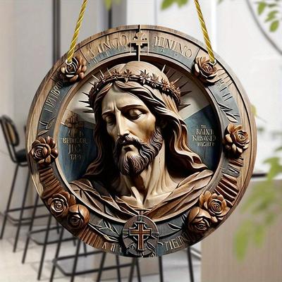 Arte em Relevo de Líder Religioso com Jingguan como Tema - Placas Circulares de Madeira em Estilo Primitivo Adequadas para Casa, Escritório, Porta da Frente, Jardim, Pátio