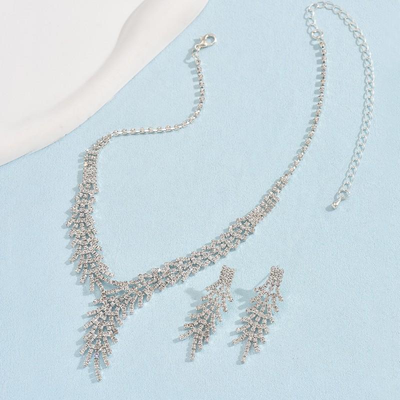 Elegant Crystal Claw Chain Necklace Earring Set Women - Tone Leaf Geometric Design Statement Jewelry Evening Gala