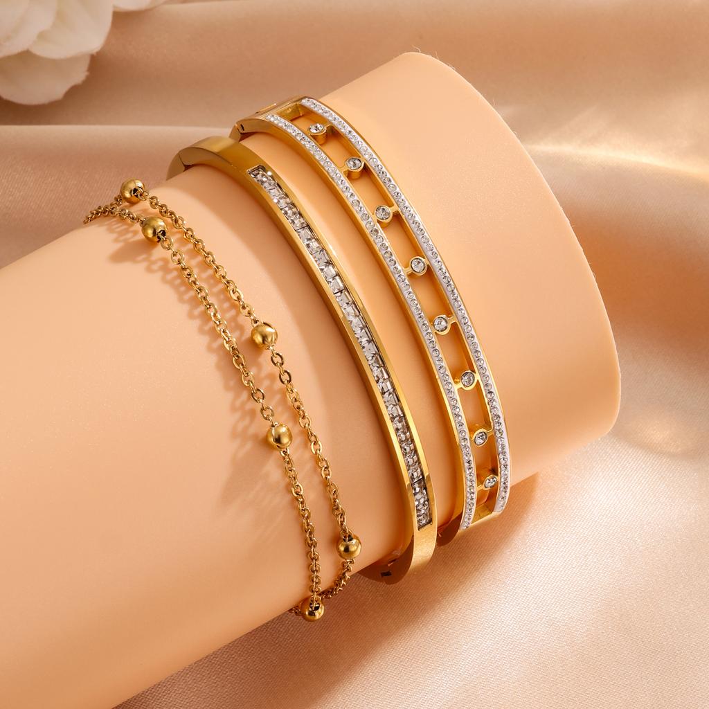 Htpwe Stainless Steel Glossy Zirconium Round Bead Combination Bracelet Set Women Plated 18k Couple Holiday Gift Bracelet Zircon