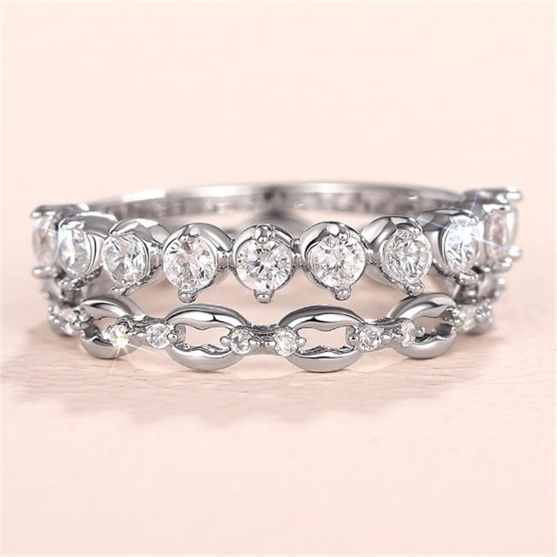 

925 Sterling Silver 2 pcs Rings for Women Double Layer Stackable Trendy Accessories with Bright Zirconia Chain Finger Jewelry 6