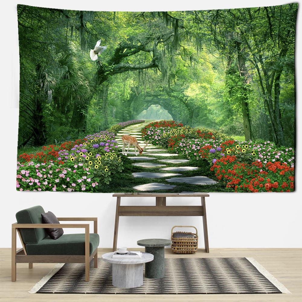 Deer Wildflower Forest Tapestry Wall Hanging Art Bohemian Modern Style Living Room Bedroom Background Cloth Home Decor
