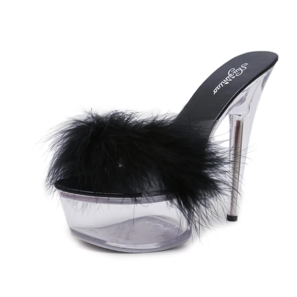 2025 Hairy Sexy Super High Heel Shoes 15CM Thin Heel Platform Slippers Transparent Crystal Shoes Wedding Shoes Women's Slippers