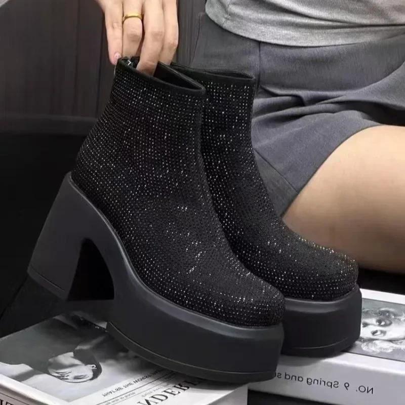 Shufl Women's Black Crystal Platform Ankle Boots High Heels Luxury Shoes Woman Trend Winter Goth Fashion Snow Motorcycle Botas De Mujer Cm