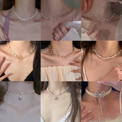 Diamant Schleife Perlenkette High Sense Choker Halskette Licht Luxus Nische Kleid Schlüsselbeinkette
