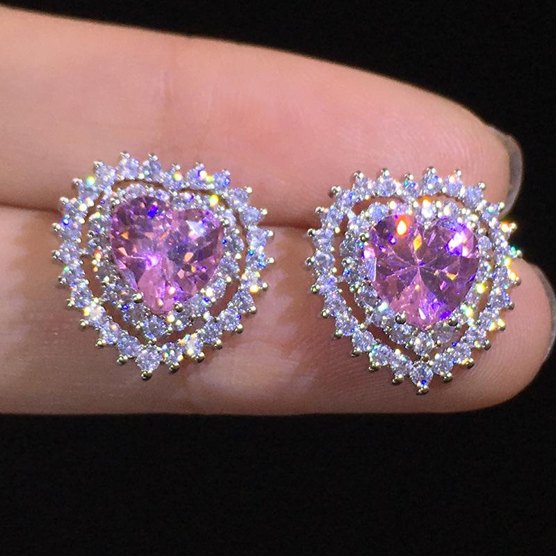 Cao Shi Heart-Shaped Zircon Earrings for Girls - Trendy All-Match Forest Style