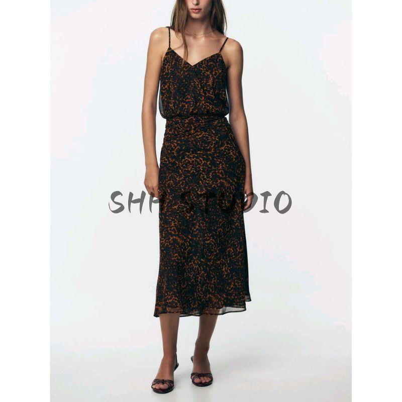 Fall New Women's Clothing French Style Ruched Decoration V Neck Sleeveless Animal Pattern Print Midi Skirt Dress 8790139