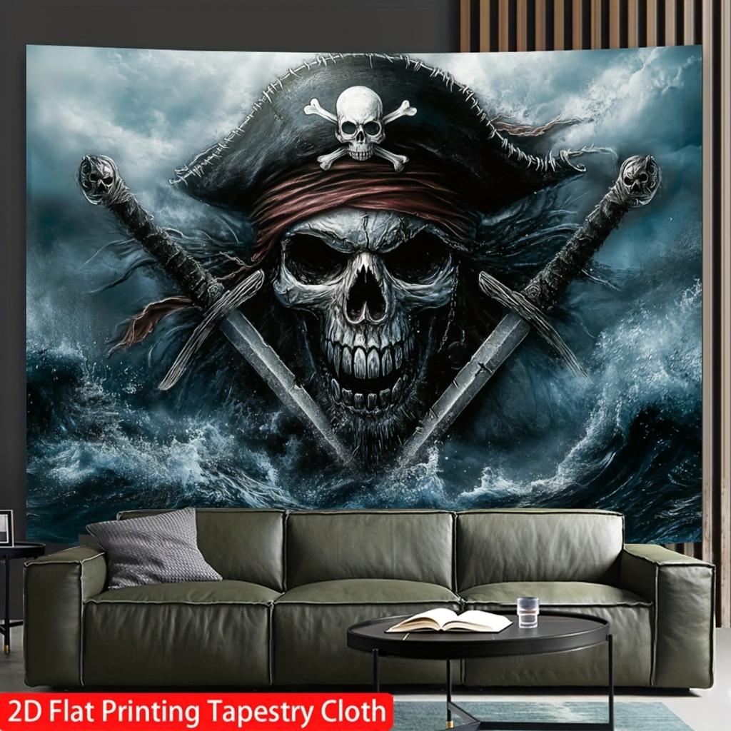 VIKAMA Halloween Giant Wave Pirate Captain Skull Double Knife Tapestry Retro Navigation Storm Skull Wall Cloth Party Decoration