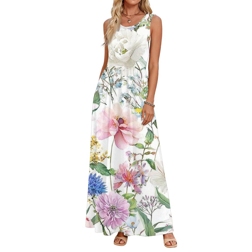 Sleeveless Maxi Dress with Scoop Neck and Floral Print Loose Fit Casual Long Dress for Women Summer Beachwear