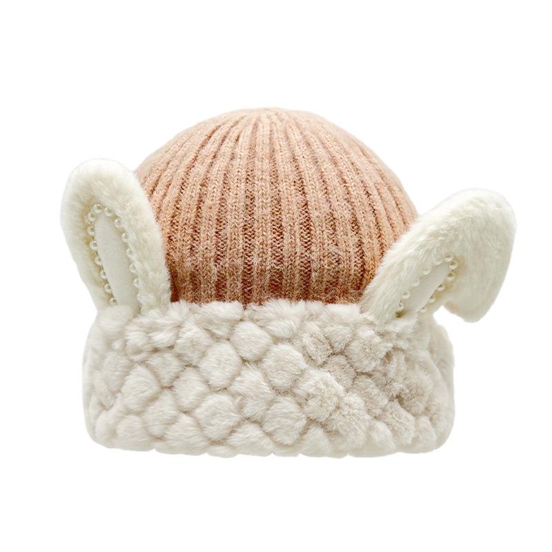 

Новая милая шерстяная шапка с кроличьими ушками, женская, для маленького лица, с защитой ушей, пуловер, зимняя мультяшная теплая вязаная шапка average size (56cm~ 58cm)