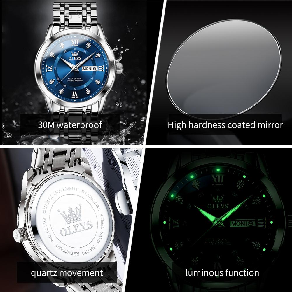 OLEVS 5513 Men's Quartz Watches Stainless Steel Strap Diamond Scale Dual Calendar Waterproof Luminous Men's Business Wristwatch
