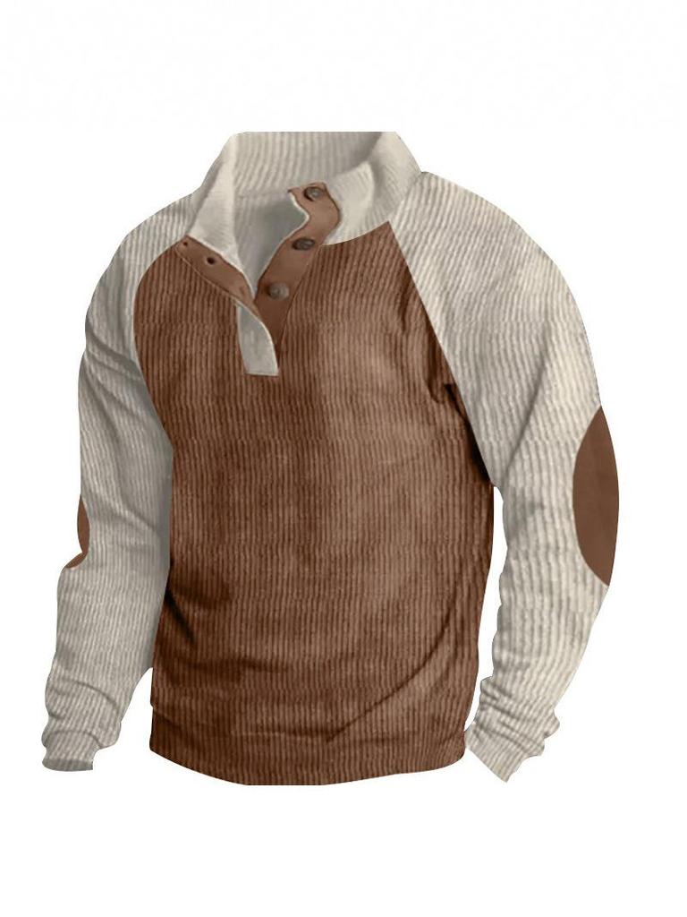 Men's Corduroy Color Block Stand Collar Hoodie - Casual Long Sleeve Top for Spring and Autumn