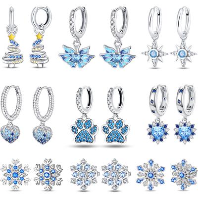 Women's Romantic 925 Silver Snowflake Star Shining Zircon Christmas Winter Earrings Fit Wedding Party Exquisite Jewelry