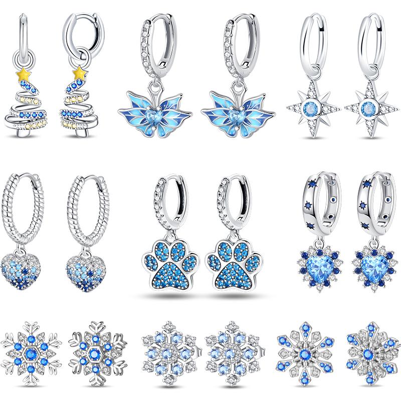 Damen Romantische 925 Silber Schneeflocke Stern Funkelnde Zirkonia Weihnachten Winter Ohrringe Passend für Hochzeitsfeier Exquisiter Schmuck