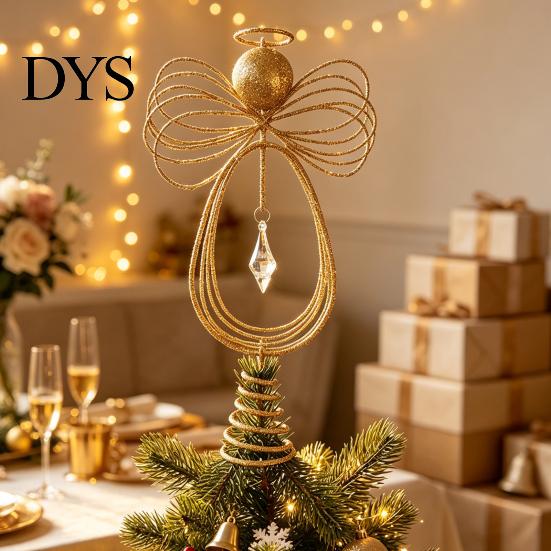 Holiday Seasonal Home Decor Angel Christmas Tree Topper, Gold Glitter Metal Wire Crown Decorative Accents Ornament for And Indoor Decorations