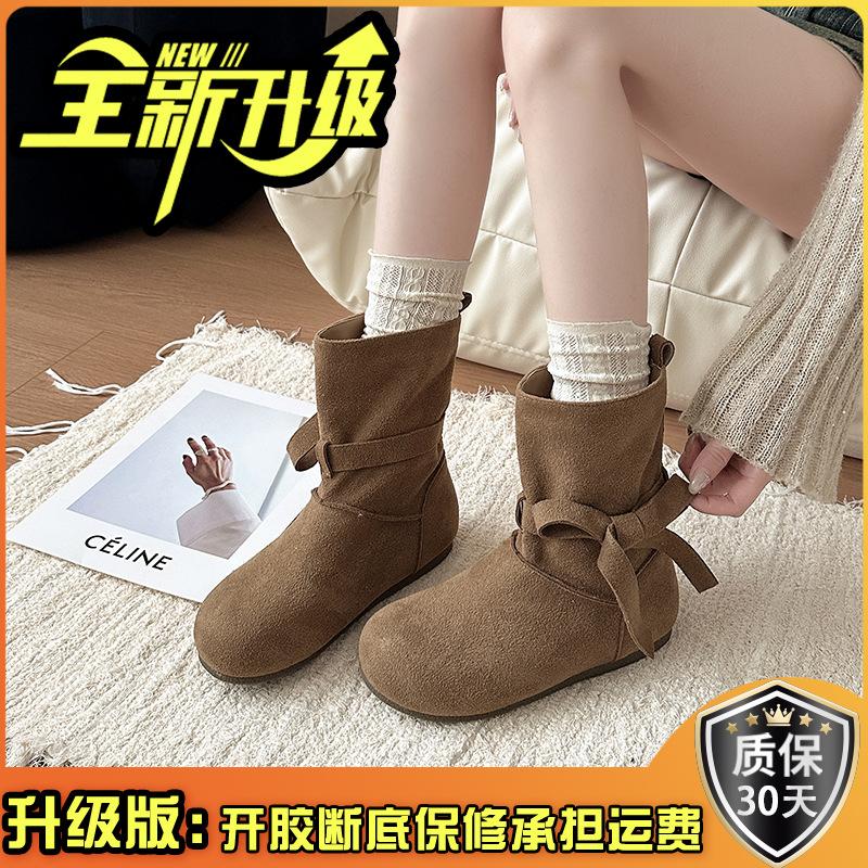 Fashion retro style bow short boots women's autumn and winter design sense lace-up single boots with skirt solid color Martin boots