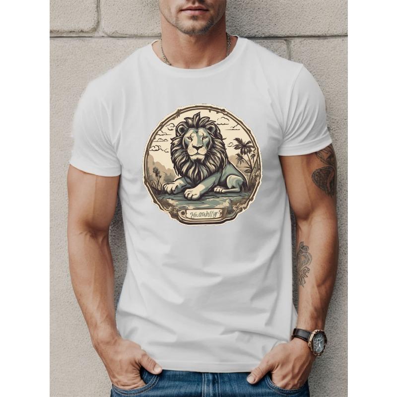 European sizes Men's Lion Graphic Tee - Casual Short Sleeve T-Shirt, Breathable Polyester, Machine Washable - Perfect for Summer