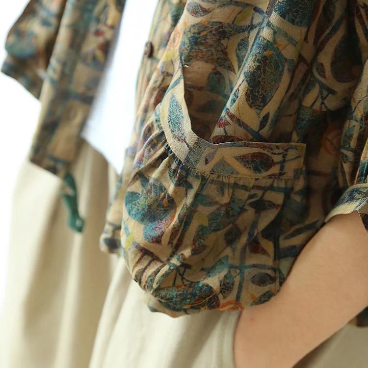Cotton Linen Women Shirt Vintage Oversized Floral Print Blouses Harajuku Raglan Sleeve Leisure Loose Ladies Casual Button Up Shirts Tops
