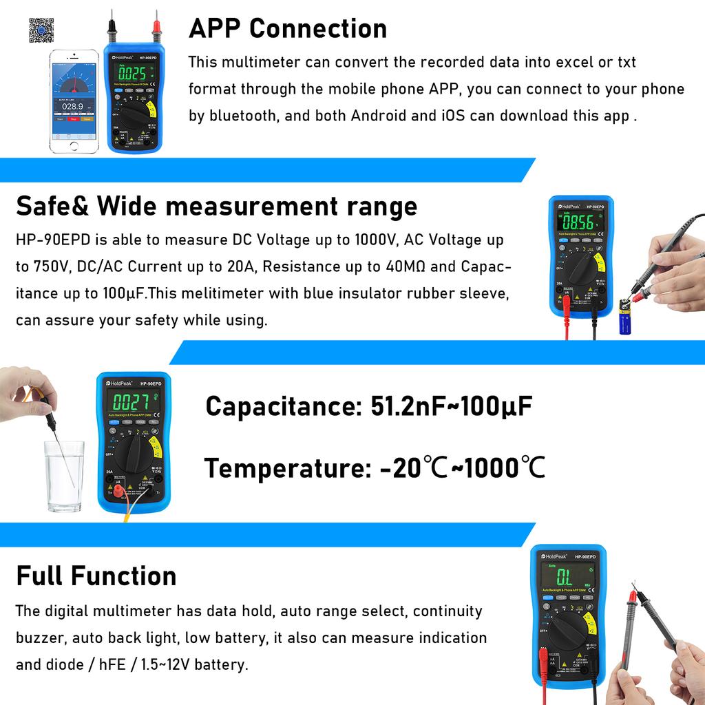HP-90EPD-APP-C DIGITAL MULTIMETER,Real effective value automatic range digital multimeter with APP function,6000counts digit LCD