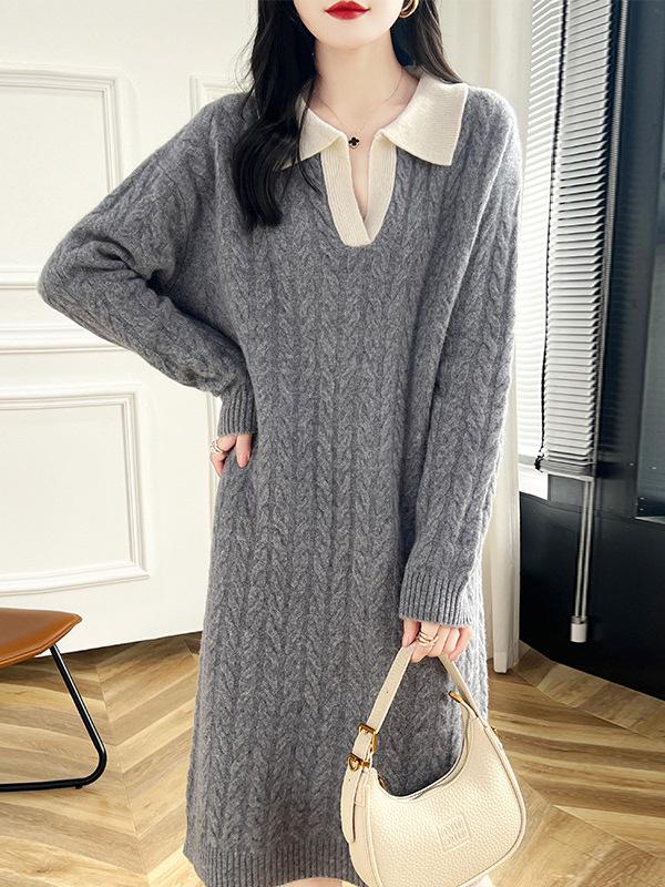 Women's Long Sleeve Knee-Length Cable Knit Polo Dress - Autumn 2024 Collection.