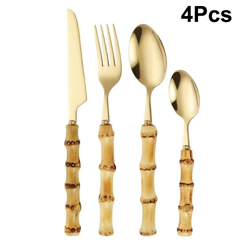 Long Handle Serving Spoon Fork Stainless Steel Gold Silver Bamboo Wooden Salad Spork Dessert Salad Spoon Tableware Set Kitchen