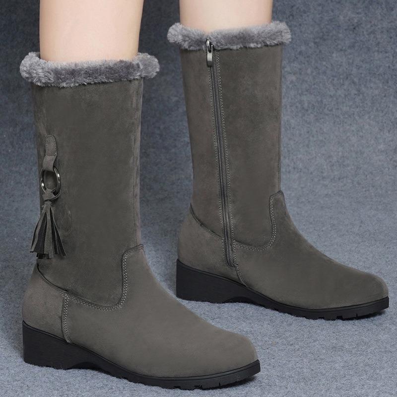 Winter Plus Velvet Thickened Mid-tube Snow Boots Women's Warm Tassel Wedge-heeled Cotton Shoes