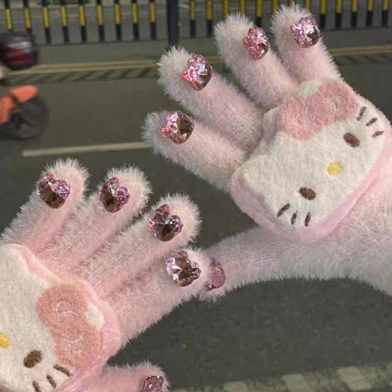 Dziewczęce kreskówkowe rękawiczki z kotkiem, urocze pluszowe rękawiczki z kotem, puszyste ciepłe rękawiczki z cyrkoniami w kształcie głowy kota dla kobiet na zimę, do codziennych sprawunków