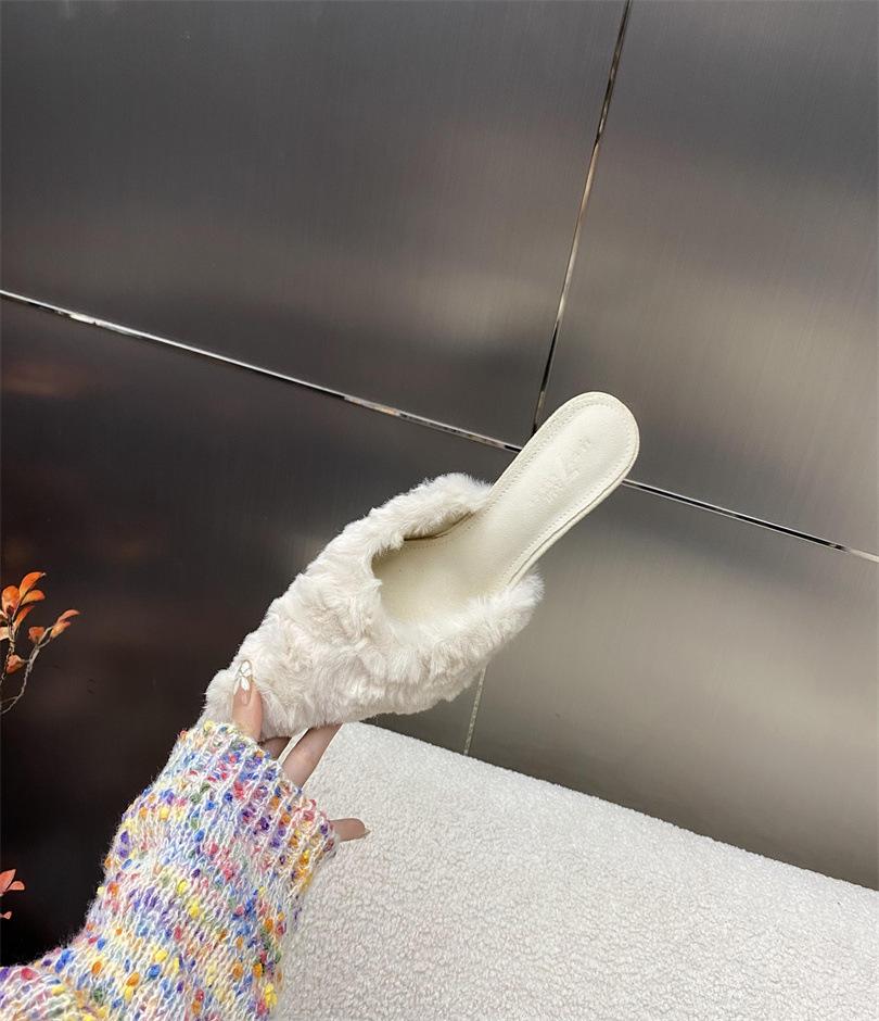 New slippers women's fashion temperament beautiful color fluffy half slippers women's stiletto high heel bag drag high heels autumn