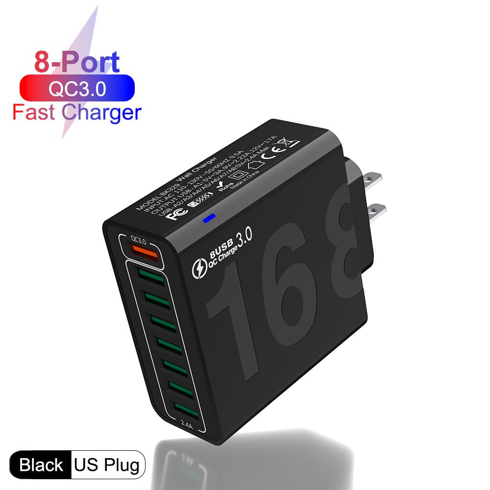 8-Port QC3.0 Fast Charging Travel Charger for Europe, America & Korea - Mobile Phone Charger