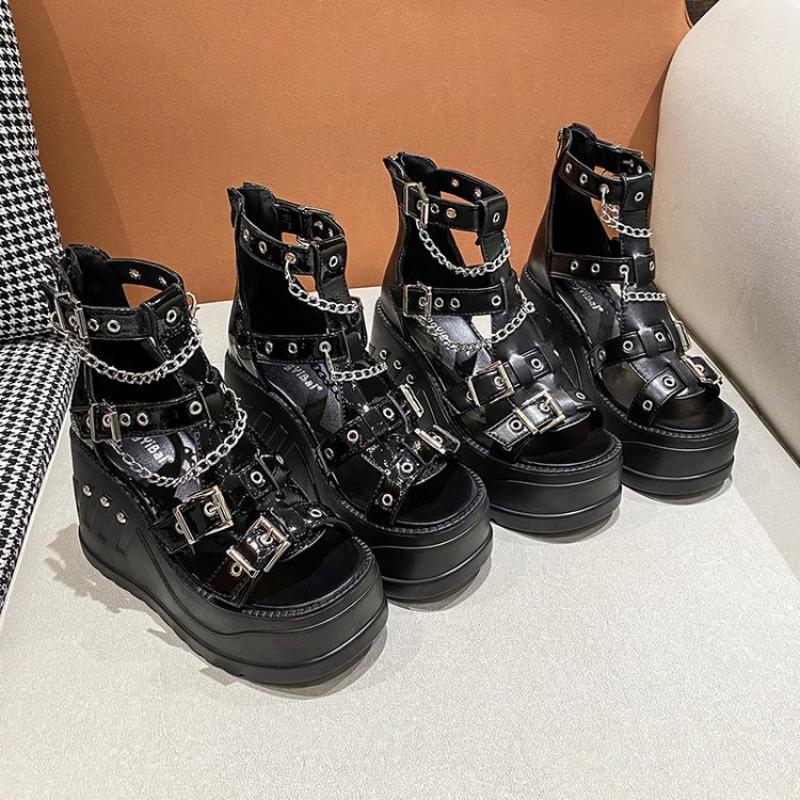 Comemore 10Cm Wedges High Heels Height Increasing Peep Toe Shoes Heel Shoe  Gothic Buckle Platform Sandals Women Cool Boots
