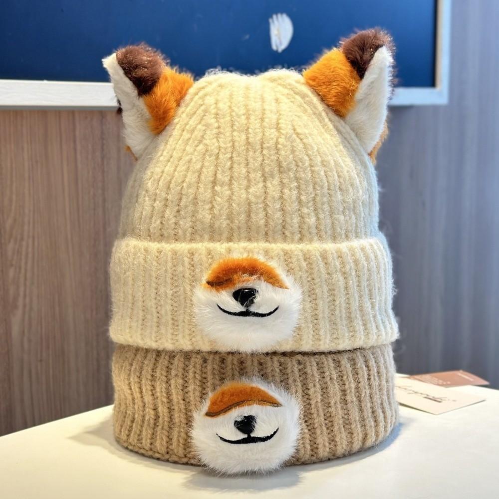 Cartoon Design Pullover Hats Thickened Winter Beanies Y2K Fox Ears Beanies  for Women and Men