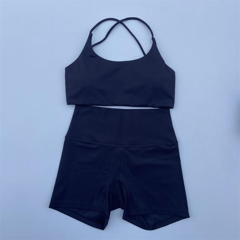 JYL Summer Shorts Set Soft Naked Tight Shorts Cross Back Yoga Set