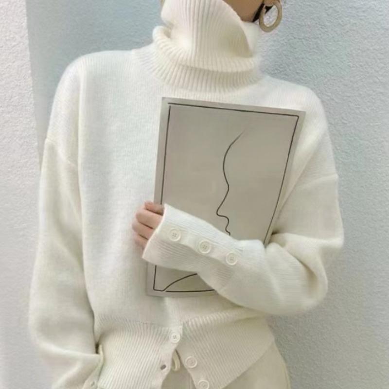 Chic Vintage Knitted Turtleneck Sweater for Women Autumn and Winter Warm Women Pullover Base Sweaters Slim Fit Casual Solid Loose Knitwears Tops 25256