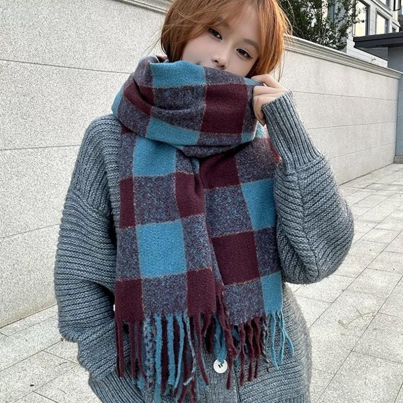 

New Temperament Korean Style White Blue Plaid Scarf Women s Winter Warm Imitation Cashmere Tassel Shawl Scarf