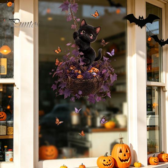 Seasonal Room Accents Halloween Window Static Sticker, Ghost Castle Black Cat Print Decals, Cartoon Patterns Waterproof PVC Cling for Home Holiday