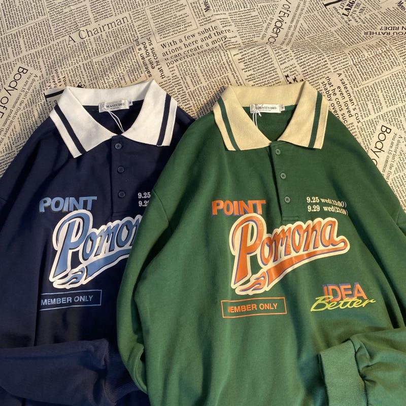 

Винтажные большие толстовки с воротником-поло, женские корейские модные осенние толстовки с буквенным принтом 2021, свободный топ в стиле Харадзюку с длинными рукавами