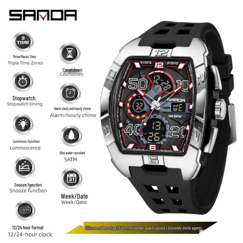 Sanda Men's Sports Barrel-Shaped Luminous Countdown Watch with Triple Time Zone and Dual Display, Waterproof Design.