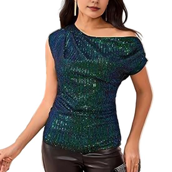 

Women Tops Slim Tailoring Short Sleeve Asymmetrical Shoulder Shining Sequined Tops Versatile Party Wear S