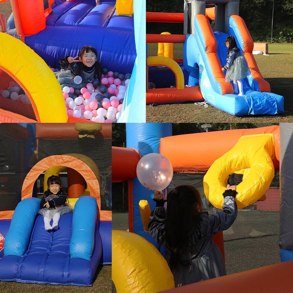 Castillo Inflable para Fiestas Infantiles, Castillo Hinchable con Toboganes y Piscina de Bolas, Juego de Lanzar Anillas, Aro de Baloncesto, Obstáculo
