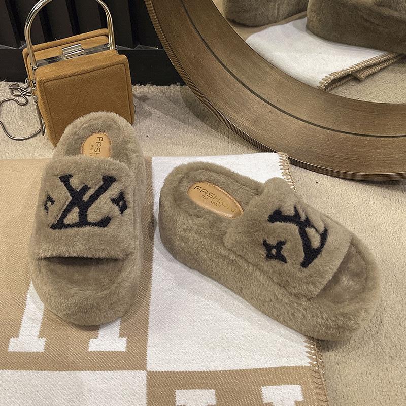 Thick Bottom Heightening Fluffy Slippers Women's Wear 2025 New Autumn and Winter Internet Celebrity Popular Home Fluffy Cotton Slippers