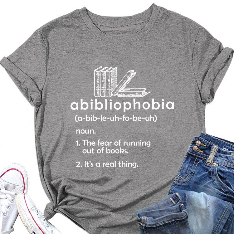 Summer new round neck casual Tshirt abibliophobia book print loose short sleeve top Womens allmatch fashion pullover